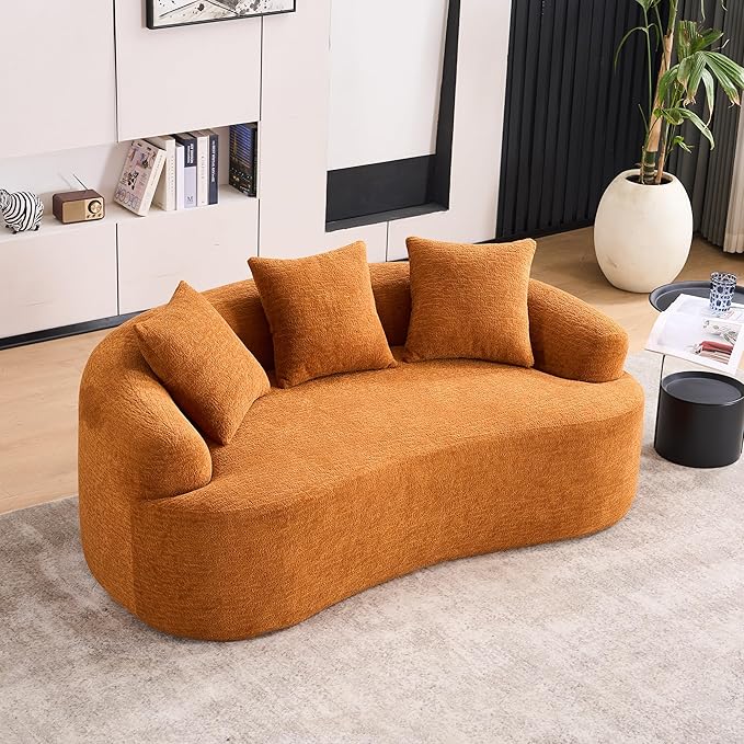 65 Curved Loveseat Sectional Sofa for Living Room Modern Plush Chenille Cloud Round Deep Seat Compressed Boneless Couch with 3 Throw Pillows for Small Apartment No Assembly Needed Orange