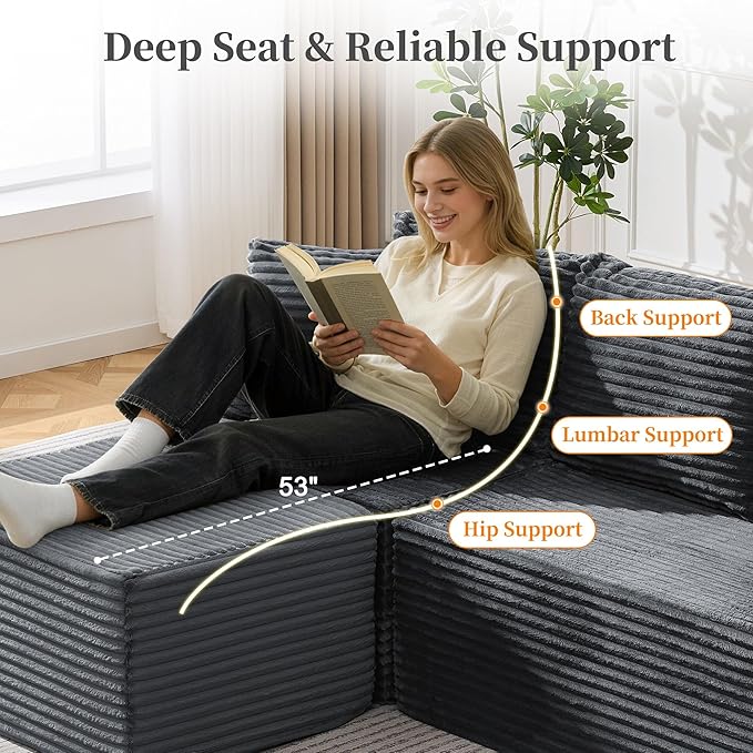 80 Cloud Modular Sectional Sofa with L-Shaped Boneless Couches for Living Room Fluffy Comfy Corduroy Deep Seat with Ottoman Bedroom Apartment No Assembly Required