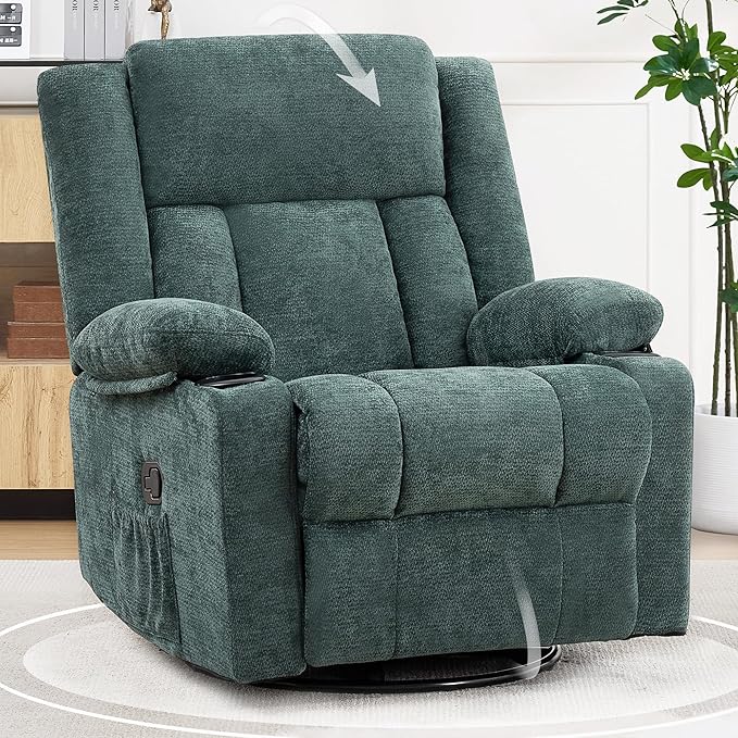 Swivel Rocker Recliner for Adults Manual Lazy Boy Recliner Chair with Cup Holders 360 Degree Rotating Nursery Rocking Chair Glider Recliner for Living Room (Green)