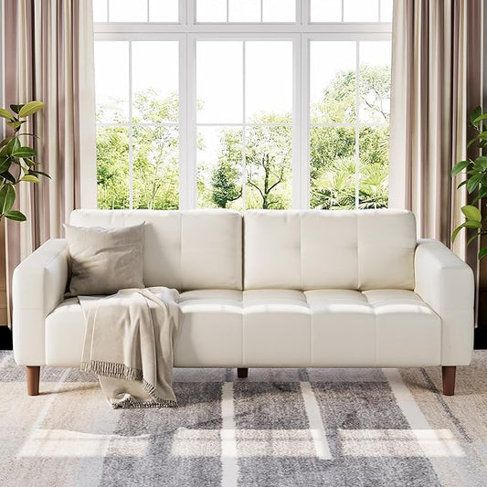 GarveeHome 3-Seater Sofa Couch 83 in Wide Faux Leather Sofa Couch with Spring Cushion Modern Sofa with Deep Seats and 2 Removable Back Cushions for Living Room Bedroom Apartment Office Beige