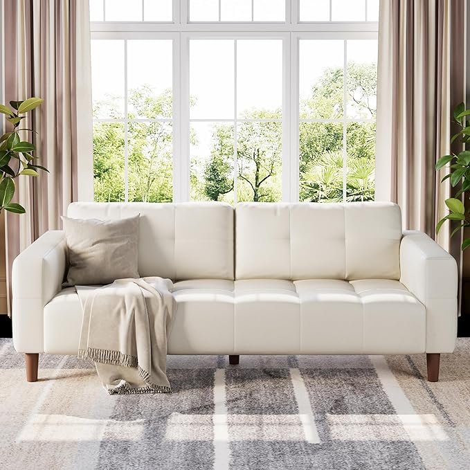 GAOMON 83 Inches 3-Seater Sofa Couch Faux Leather Couch with Back Cushion Waterproof Wide Arm Sturdy Support Feet for Office Living Room Bedroom Beige