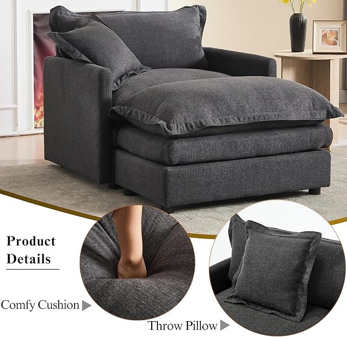 Oversized Chair with Ottoman Upholstered Comfy Single Sofa Chaise Lounge Chair Indoor for Reading Living Room Bedroom Office(Linen Black)