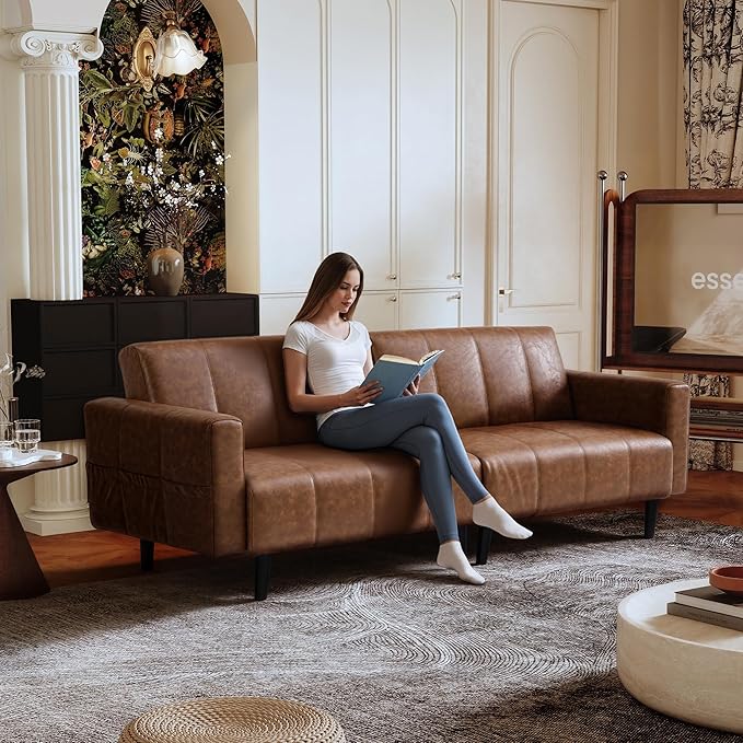 83 Mid Century Modern Futon Sofa Bed 3 Seater Faux Leather Couch with Adjustable Backrest Comfy Upholstered Sleeper Sofa for Living Room Apartment Home Office (Brown)