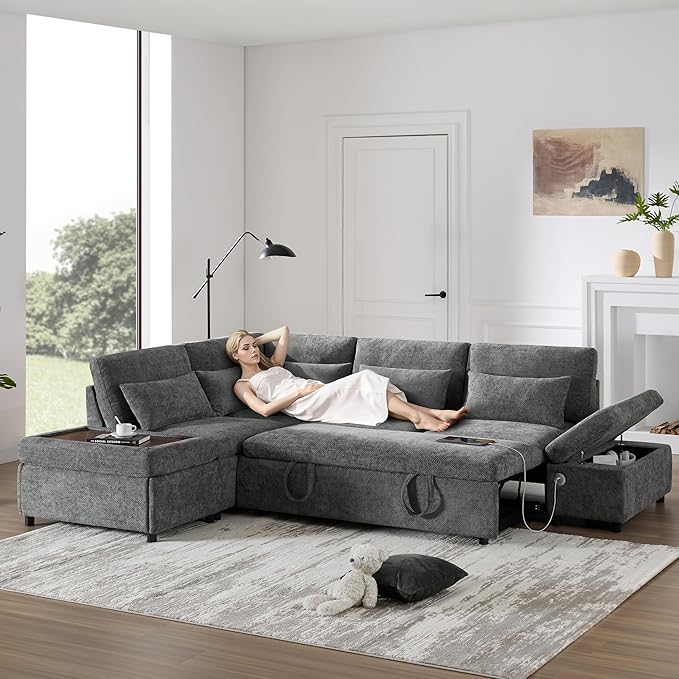 Modular Sectional Sleeper Sofa Bed 107'' Pull Out Bed Sectional Sofa with Free Movement Storage Ottoman L-Shape with Wide Seats Oversized Chenille Sofa for Living Room (Grey/512)