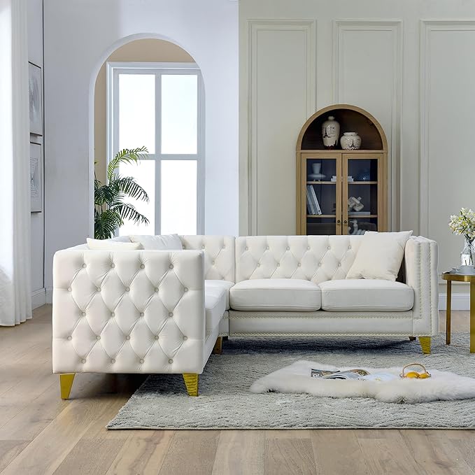 KEIKI 82.2 Velvet Corner Sofa Tufted 5 Seat Couch L-Shaped Sectional Couch for Living Room Buttons Tufted Square Arm Couch for Home Apartment Beige