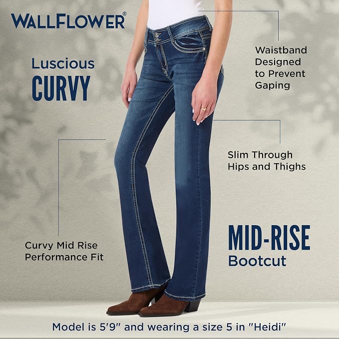 WallFlower Luscious Curvy Bootcut Jeans for Women Mid-Rise Insta Stretch Denim Size-Inclusive Juniors Jeans