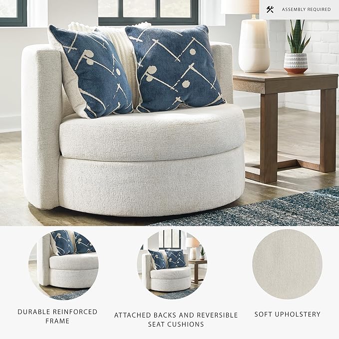 Signature Design by Ashley Padova Transitional Upholstered Swivel Accent Chair Reversible Seat Cushion 3 Complimentary Accent Pillows 360-Degree Swivel Ivory Fabric