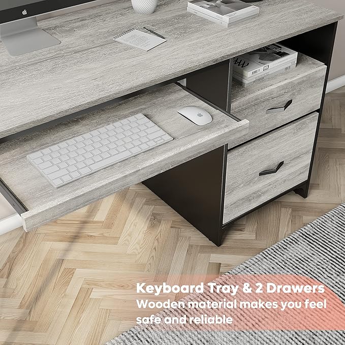 Bestier Office Desk with Drawers 55 inch Industrial Computer Desk with Storage Wood Teacher Desk with Keyboard Tray &amp File Drawer for Home Office Light Gray Oak