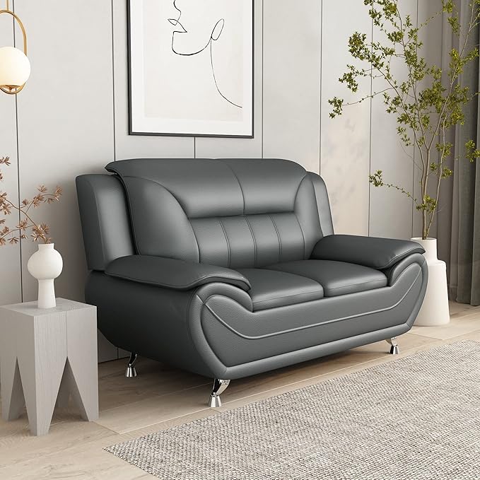 Michael Modern Faux Leather Upholstered Stainless Steel Legs Living Room Loveseat Gray