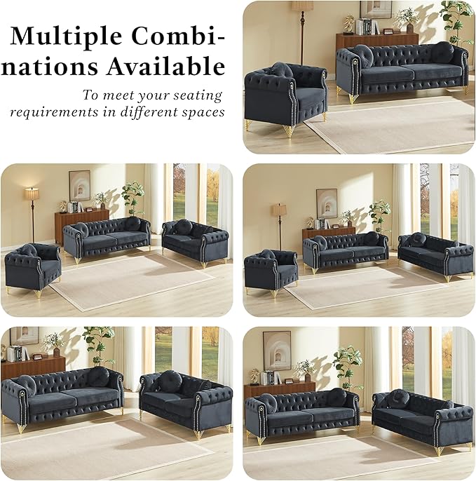 2 Pieces Black Velvet Chesterfield 82 3-Seater Sofa Sets with Two Pillows Featuring Copper Stud Detailing with Metal Legs Loop Design Allows for Hanging Cartoon Ornaments.