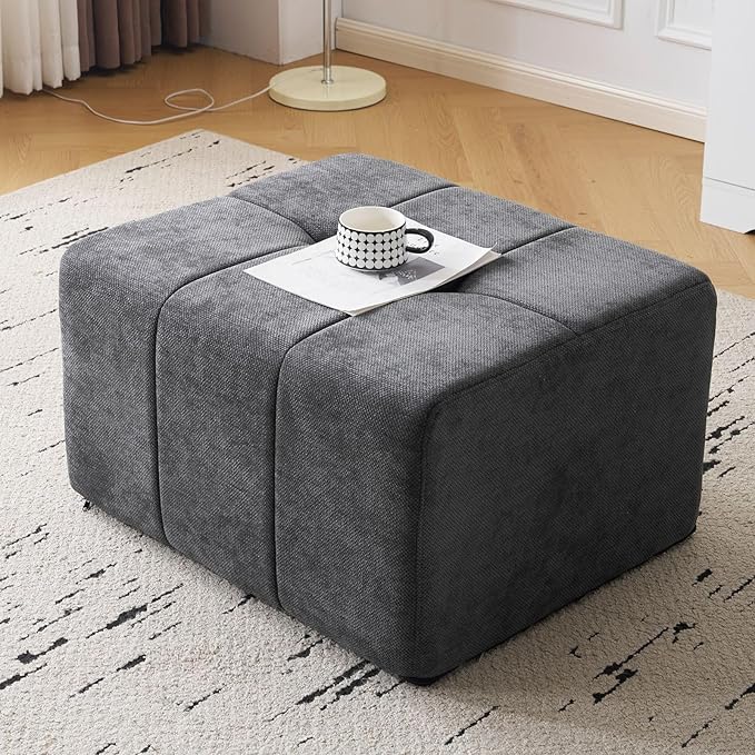 Square Stuffed Pouf OttomanChenille Poufs with Foam Chunk Filling27.9 X 16.1 Floor Poufs for SofaAccent Foot Rest Stool for Living RoomBedroomGrey