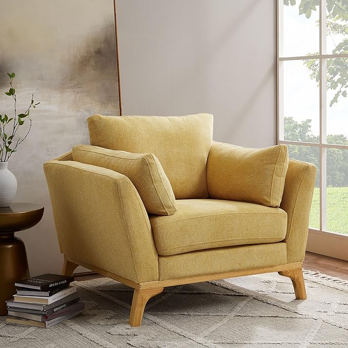 VANOMi Large-Sized Accent Chair Thick Cushion Bedroom Reading Chair Comfortable Living Room Single Sofa Linen Yellow