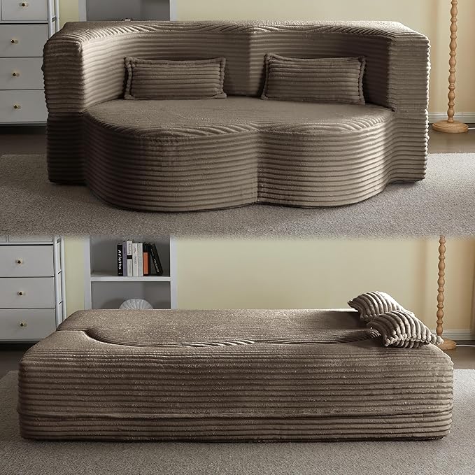 2 in 1 Folding Floor Couch Sofa Bed with 2 Pillows Convertible Sleeper Sofa Modern Full Mattress for Living Room Guestroom Plush Corduroy Floor Sofa BedNo Assembly RequiredCoffee