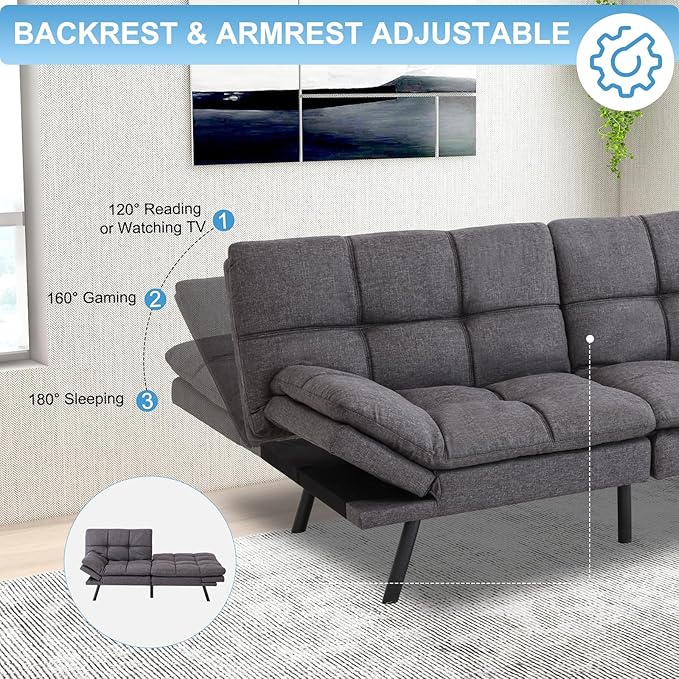 MUUEGM Futon Sofa Bed Couch Sofa Memory Foam Futon Sleeper Sofa Loveseat Convertible Couch Bed for Small Compact Spaces Apartment Dark Grey.