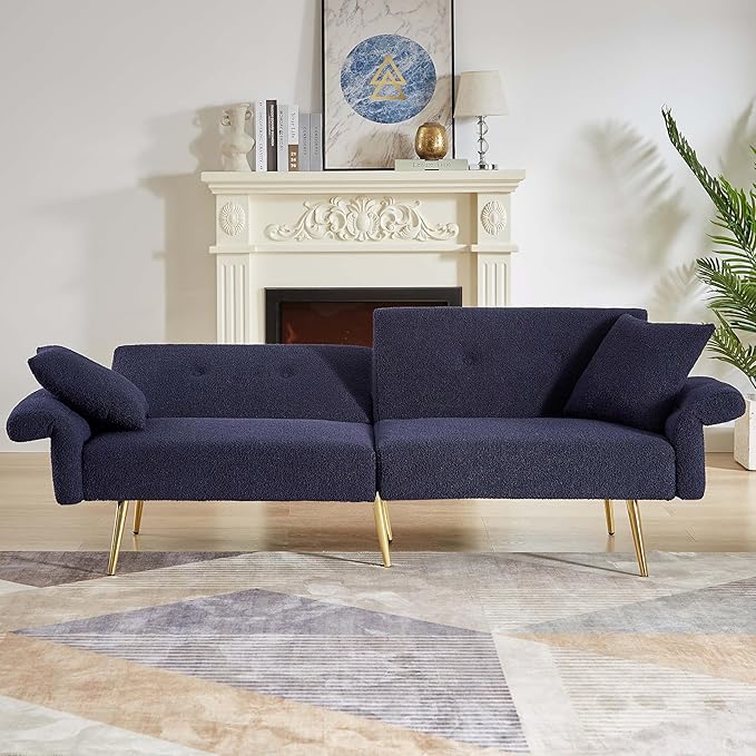 69.5'' Futon Loveseat Sofa Bed Comfy Teddy Upholstered Folding Couch with Adjustable Backrest and ArmrestsSleeper Couches with Side Pocket and Gold Metal Legs for Living Room (Dark Blue)