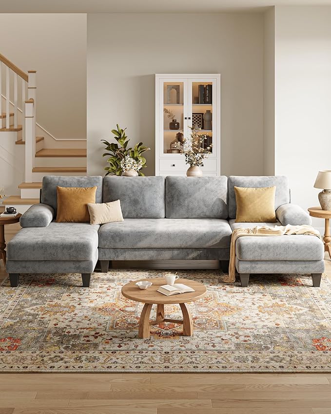 U-Shaped Sectional Couches for Living Room | Cheille Sofa with Double Chaise | 112 Inch Light Grey Sectionals Couch for Apartment