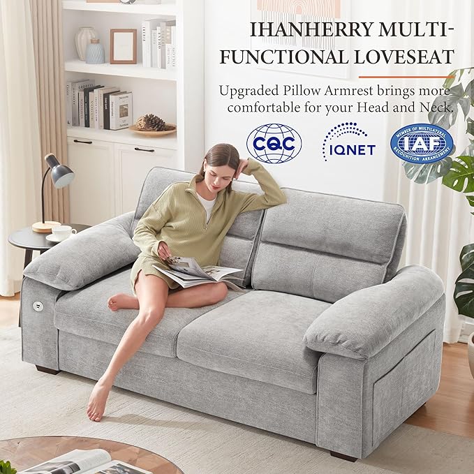 Ihanherry 71.5 Inch Loveseat Pillow-Armrest Sofa with USB/Type-C Charging Port Modern 2-Seats Sofa for Living Room &amp Bedroom Removable Medium Firm Cushion Breathable Chenille Fabric Grey