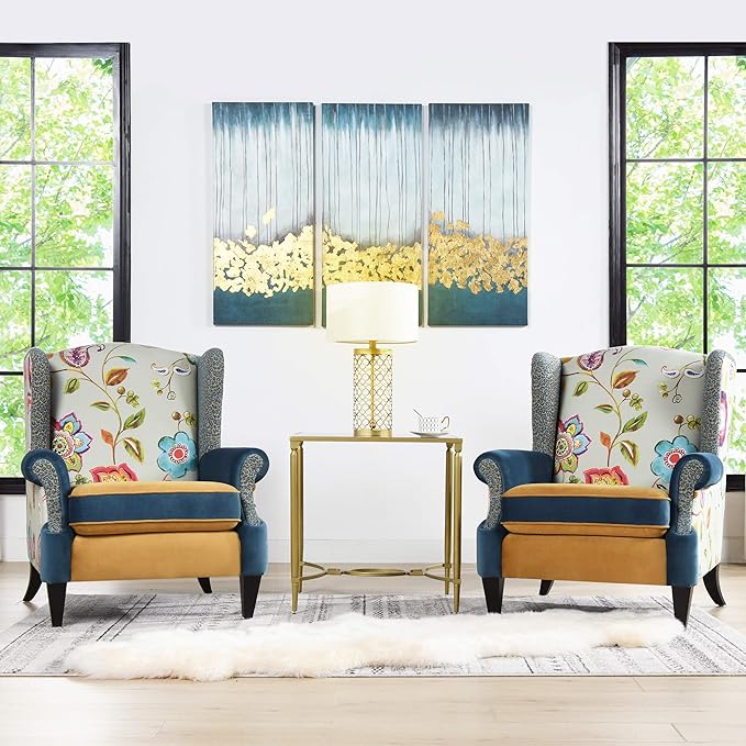 Jennifer Taylor Home Ayla Boho Chic Wingback Accent Arm Chair Floral &amp Leopard Blue-Teal &amp Yellow-Gold Velvet