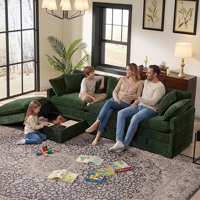Ihanherry 103 Modular Sectional Sofa with Storage L Shaped Cloud Couch with Movable Ottomans &amp 4 Pillows Chenille Deep Seat Sectional Couches for Living Room Apartment (Green)