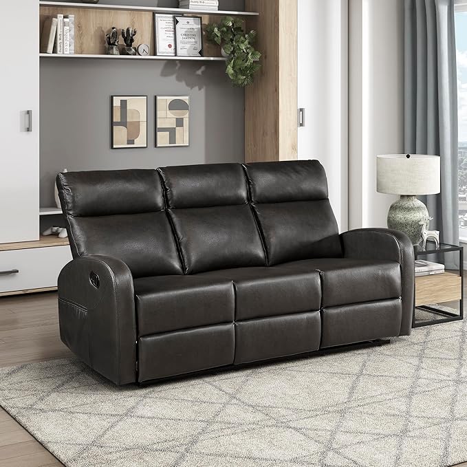 Lexicon Manual Reclining Sofa Faux Leather Recliner Sofa Wall Hugger Track Arms Magazine Pockets Manual Dual Recliners Couch for Living Room/Office/Apartment Easy Assembly Espresso