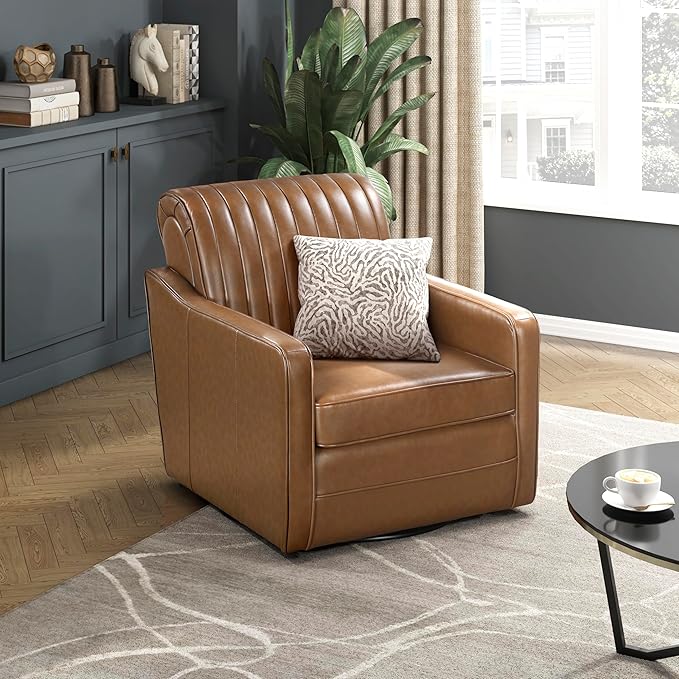 Lexicon Swivel Accent Chair with Track Arms Faux Leather Arm Chair with Solid Wood Frame and Metal Base Deep Seat Swivel Sofa Chair Modern Reading Chair for Living Room/Office/Apartment Cognac