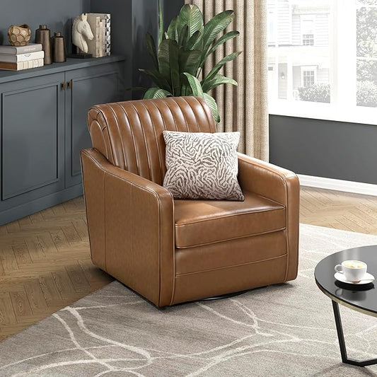 Lexicon Swivel Accent Chair with Track Arms Faux Leather Arm Chair with Solid Wood Frame and Metal Base Deep Seat Swivel Sofa Chair Modern Reading Chair for Living Room/Office/Apartment Cognac