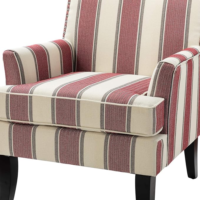 HULALA HOME Modern Accent Chairs Set of 2 Farmhouse High Back Striped Chairs with Wooden Legs &amp Nail Head Trim Comfy Upholstered Armchairs for Living Room/Bedroom (Stripe Red)