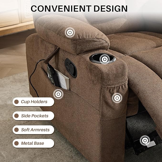 Recliner Chair with Massage and HeatChenille Recliner Sofa Chairs for AdultsWall Hugger Recliners for Living Room Reclining Armchairs with Cupholders Middle Brown