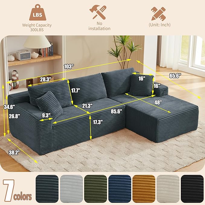 Cloud Sectional Couch Modern Modular Sectional Sofa with Deep Seat Corduroy Boneless Couches with L-Shape Chaise for Living Room Bedroom No Assembly Required (Dark Grey Left Facing Chaise Sofa)