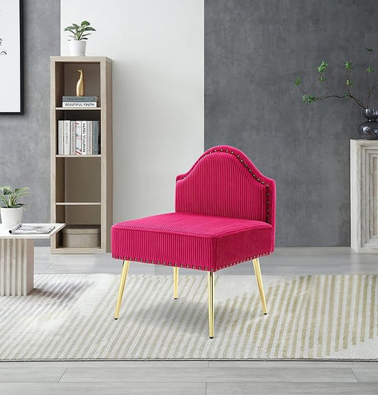 Modern Upholstered Pleated Velvet Accent Chair Tufted Dining Office Chairs Armless Slipper Chair Mid Century Side Chair Single Luxury Sofa Chair with Golden Legs for Living Room Small SpaceFuchsia