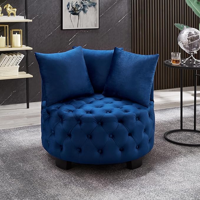 Velvet Accent Lounge Chair - 31.25''W Upholstered Button Tufted Velvet Barrel Chair with 3 Pillows with Button Tufted Modern Round Club Chair Reading Sofa Chair (Navy Blue)