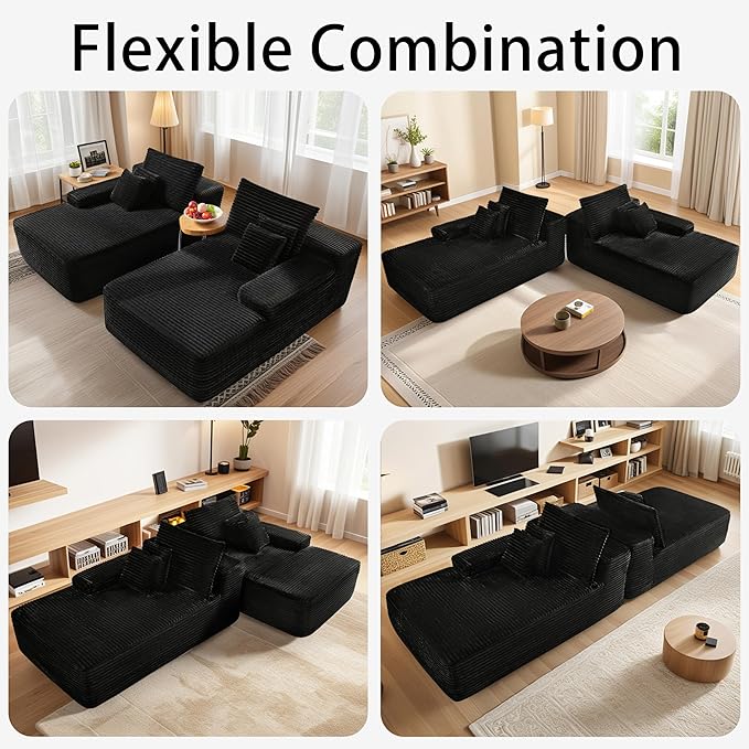 82'' Oversized Boneless Memory Foam Chaise Lounge Chair Sofa Sleeper Large Convertible Comfy Cloud Couches Living Room Black Plush Corduroy Sofa Bed.
