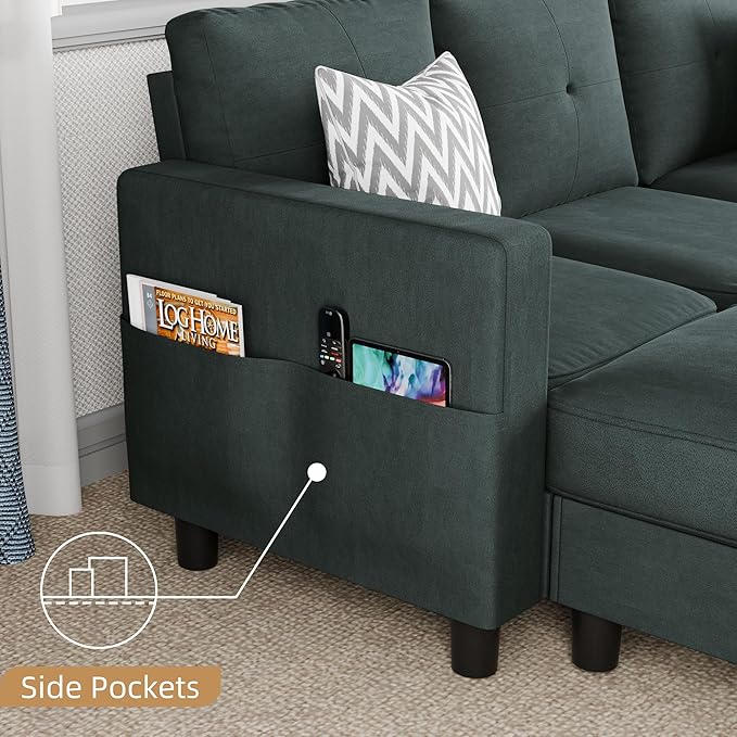 JAMFLY Convertible L-Shaped Sectional Sofa with Reversible Storage Ottoman 3-Seat Modern Fabric Couch for Living Room Small Space Apartment Sofa with Side Pockets &amp Firm Cushions Grey Linen