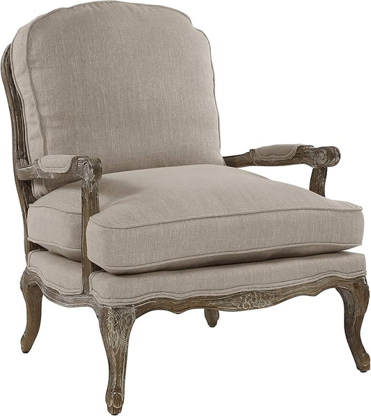 Lexicon Oak Distressed Solid Wood Accent Chair with Feather Down Seating Natural Linen Fabric Padded Armchair for Living Room Bedroom Reading Room or Sunroom Neutral