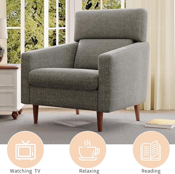 EJUNQ Mid-Century Accent ChairFabric Modern Reading Living Room Chairs Upholstered Armchair with Wood LegsCozy Reading Chair for Living RoomBedroom（Grey