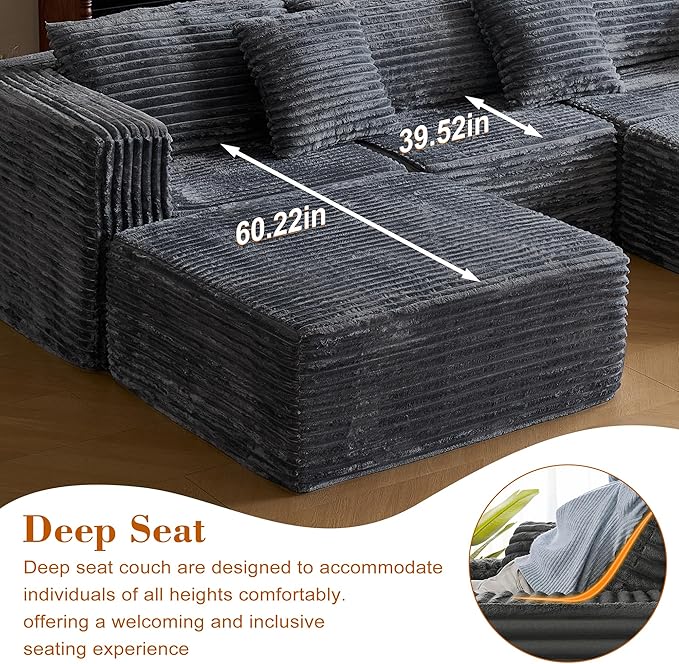 110 Corduroy Modular Sectional Boneless Sofa with 2 Ottomans Convertible Cloud Couch with Deep Seats Fluffy Memory Foam U Shaped Couch for Living Room No Assembly Required (Gray)