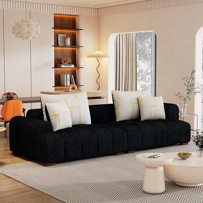Modern Living Room Sofa Cozy Bedroom Couch 4 Pillows &amp Rubber Wood Legs Black
