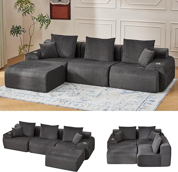 HOMREST 118 L-Shaped Modular Sectional Sofa for Living Room Corduroy Upholstery Cloud Sofa with Movable Ottoman Oversized Boneless Couch with Deep Seat No Assembly Required (Charcoal Blue)