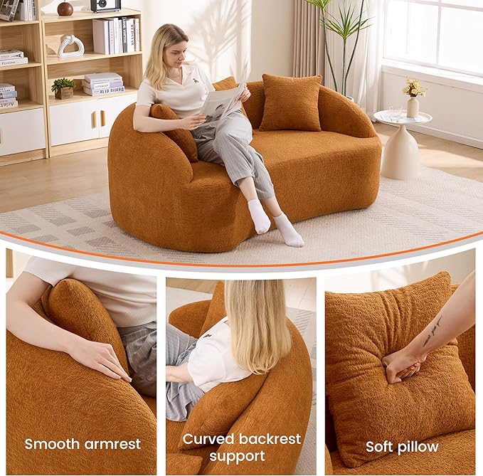 65.75 Curved Loveseat SofaBoneless Loveseat Couch11.02 Raised BackrestDeep SeatWood Grain Chenille Fabric Curved Sofa Couch for Small Spaces (Orange65.75)