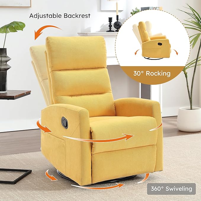 360° Swivel Rocking Chair for Nursery Manual Glider Chair Nursing Chair with Side Pockets Polyester Glider for Living Room Heavy Duty Motion Mechanism Yellow