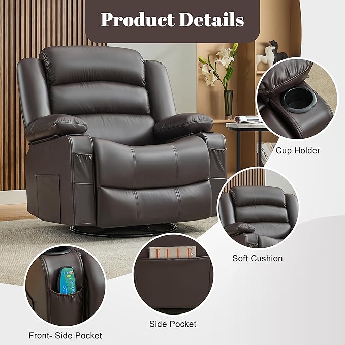 Oversized Recliner Chair with Heat and Massage 360° Swivel Nursery Rocking Chairs for Adults Recliner Single Sofa Seat with Cup Holders Lazy Boy Recliner Single Sofa (Oversized Manual Darkbrown)