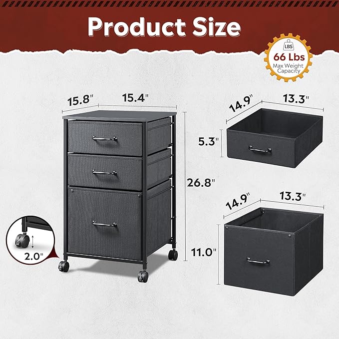 DEVAISE Mobile File Cabinet Combo: 2-Drawer &amp 3-Drawer Black Fabric Rolling Storage Set with Locking Casters Vertical Filing Cabinet for Home Office