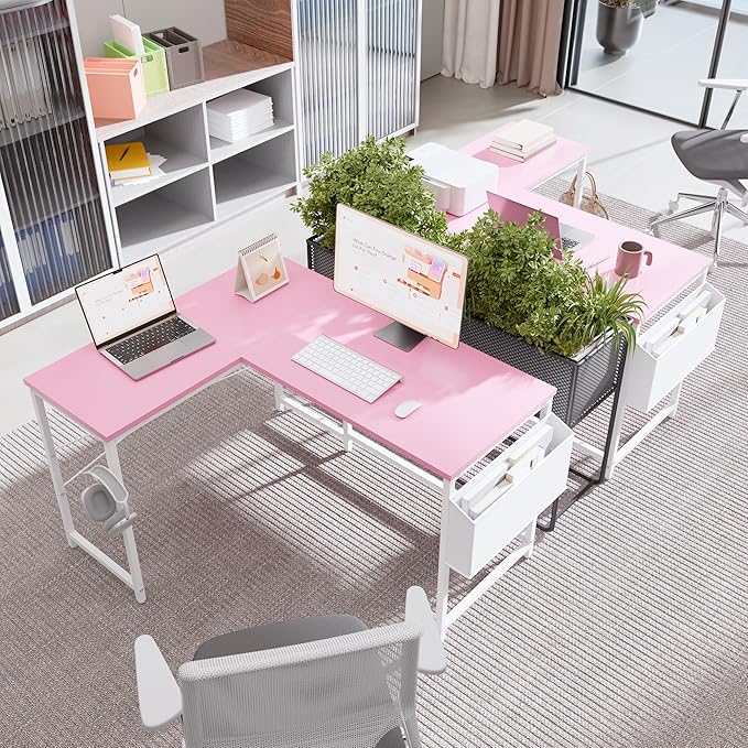 Pamray 47 Inch Reversible L Shaped Gaming Desk Corner Computer Desk with Storage Bag Home Office Table for Writing Study Pink
