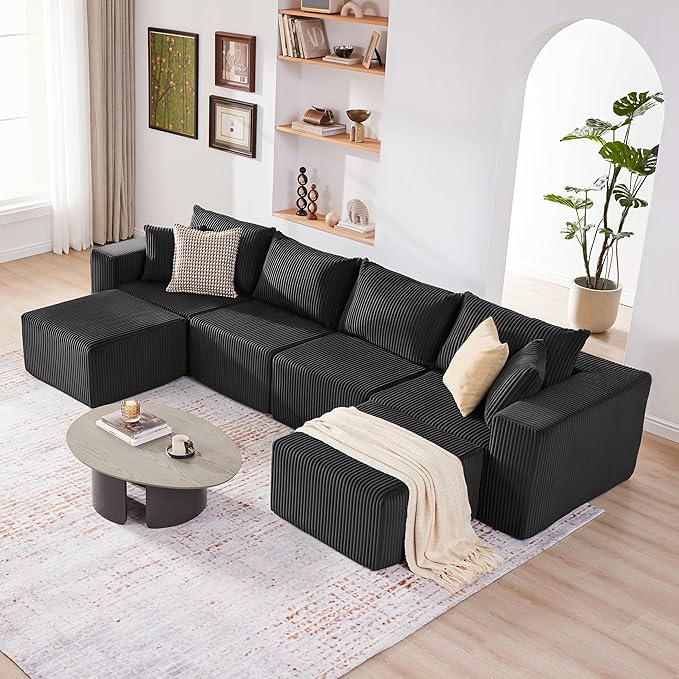 135.4 Cloud Couch Sectional Modular Sectional Sofa with Deep Seat Plush Corduroy U Shaped Boneless Couch Convertible Sectional Couches for Living Room 6Seat Black