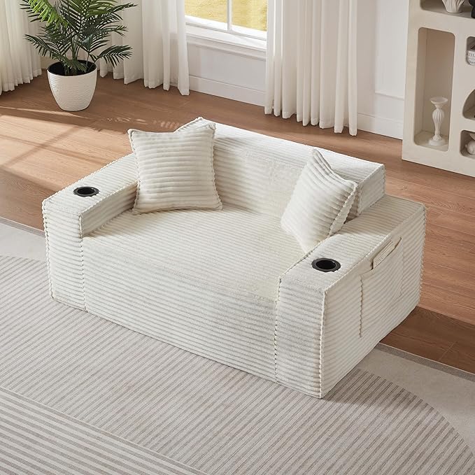 78'' Chenille Modular Loveseat White Boneless Loveseat with 2 Pillows Cloud Couch Love Seats for 2-Seater Upholstered Sectional Sofa for Living Room No Assembly Freely Combinable (61'' White)