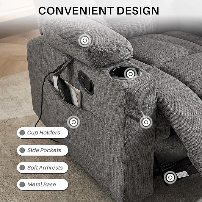 Recliner Chair with Massage and HeatChenille Recliner Sofa Chairs for AdultsWall Hugger Recliners for Living Room Reclining Armchairs with Cupholders Dark Gray