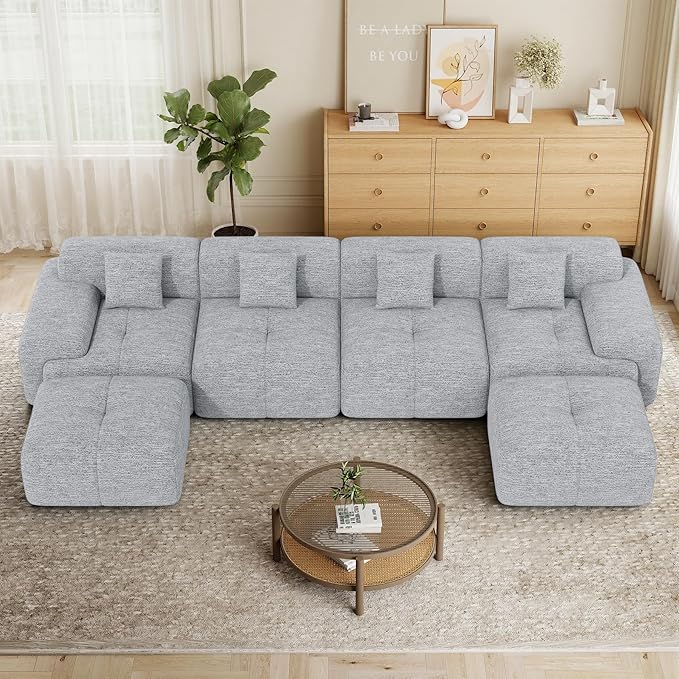 158 U Shaped Convertible Modular Couch Cloud Couch Sectional with Ottoman 6-Seater Chenille Boneless Couches for Living Room Apartment No Assembly Light Grey 1PCS