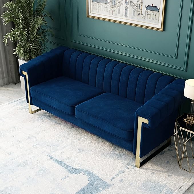 83'' Blue Velvet Couch Sofa Mid-Century Modern Love Seat Chesterfield 3 Seat Couches Sofa for Living Room Apartment (Blue)