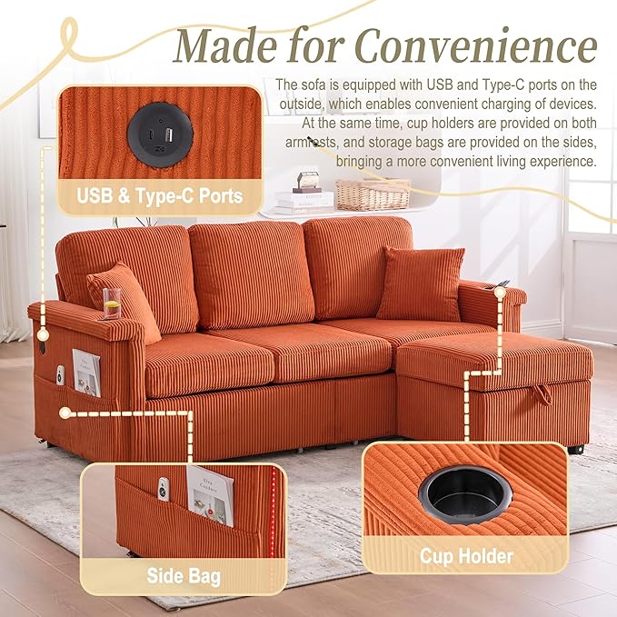 76'' Sectional Sofa Couches for Living Room 3 Seat L-Shaped Couch with Storage &amp Ottoman Corduroy Convertible Sofas with Chaise Apartment with USB Charging Cup Holder (Orange)