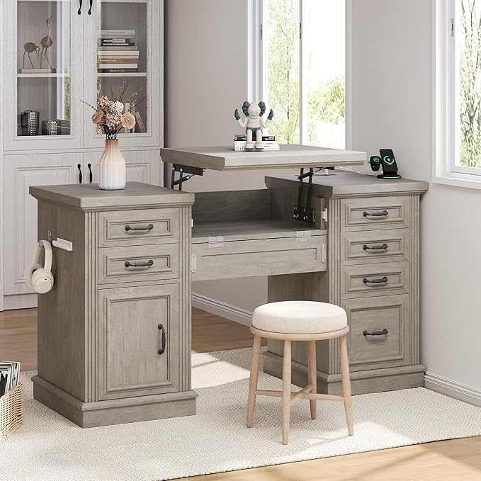 Farmhouse 57 Lift Up Executive Desk with 5 Drawers and Charging Station Wood Home Office Computer Desk with File Cabinet Storage Keyboard TrayHeadphone Hook for WorkStudy (Grey)